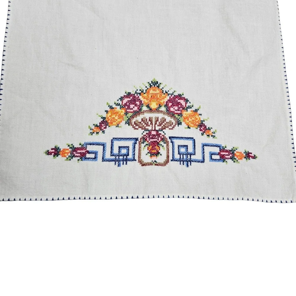 Vintage Cross Stitch Embroidered Floral Linen‎ Tea Towel Asian Cottagecore